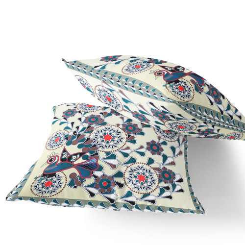 Set of Two Off White Brown Blue And Red Peacock Floral Indoor Outdoor Throw Pillow