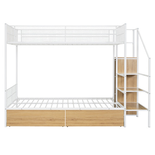 White Twin Over Full Wood And Metal Bunk Bed With Stairs And Storage