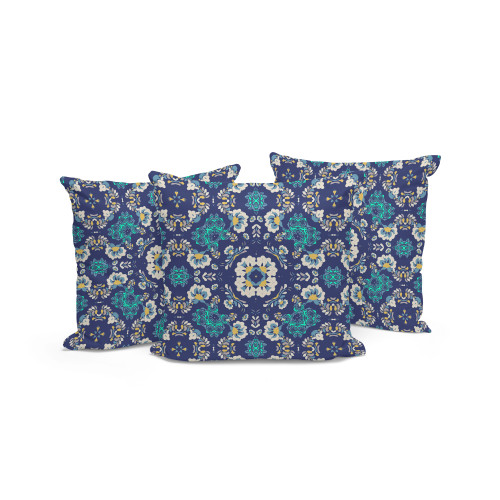 Set of Three Blue White And Navy Blue Floral Indoor Outdoor Throw Pillow