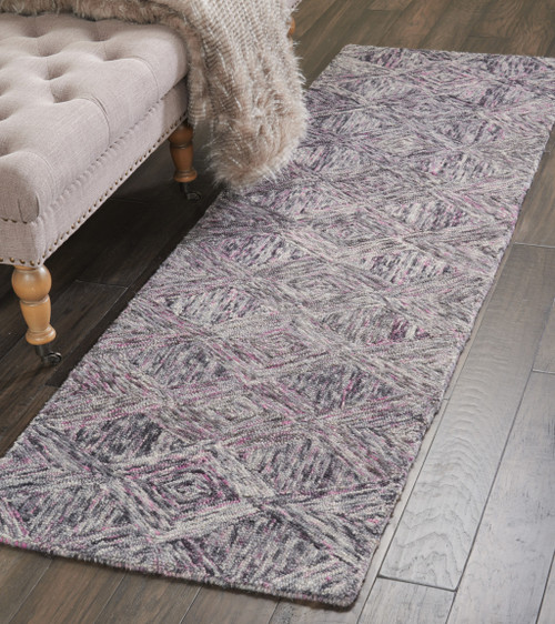 8' Black Gray and Ivory Wool Geometric Runner Rug