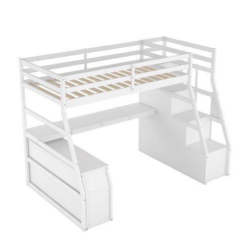 White Slat Solid Wood Twin Loft Bed With Stairs And Desk And Drawers And Drawer