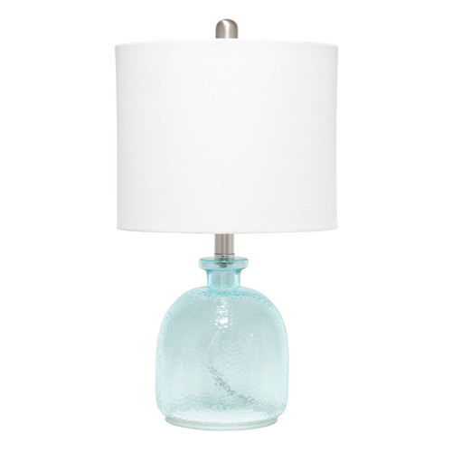 20" Blue Glass Round Table Lamp With White Drum Shade