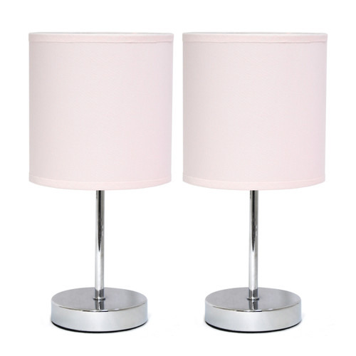 Set of Two 12" Silver Metal Table Lamp With Blush Drum Shade