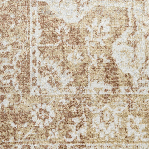 8' Brown Floral Power Loom Worn Faded Runner Rug