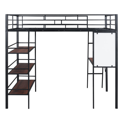 Black And Natural Slat Wood And Metal Full Double Loft Bed With Desk And Shelve