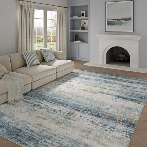 9' X 12' Blue Red And Gray Abstract Washable Area Rug