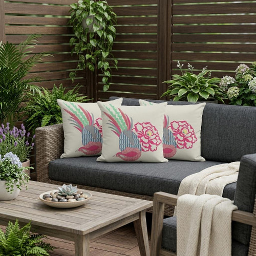 Set of Three Pink And White Peacock Indoor Outdoor Throw Pillow