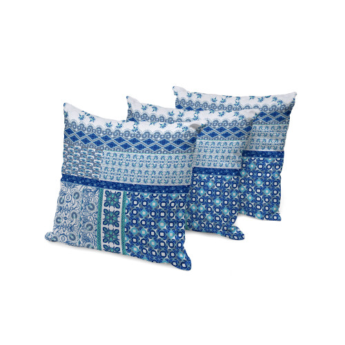Set of Three Blue And White Floral Indoor Outdoor Throw Pillow