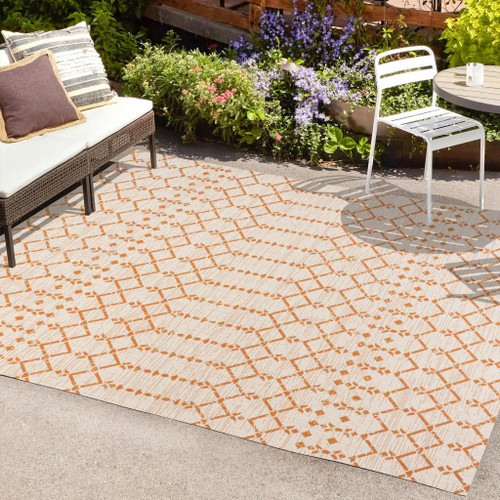8' X 10' Cream And Orange Trellis Indoor Outdoor Area Rug