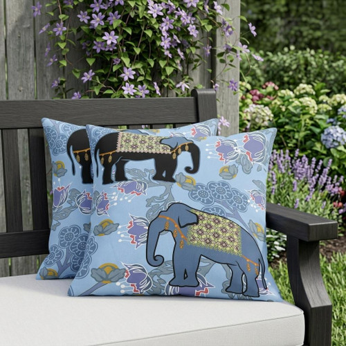 Set of Two Sky Blue Black And White Elephant Indoor Outdoor Throw Pillow