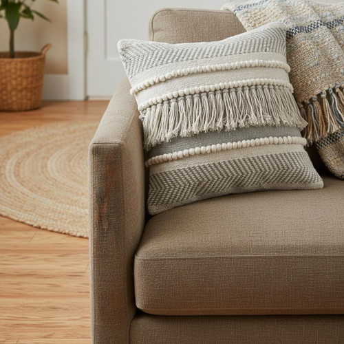 20" Ivory And Gray Striped Cotton Throw Pillow with Fringe