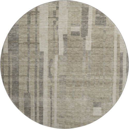 8' Taupe And Beige Striped Washable Round Rug With UV Protection