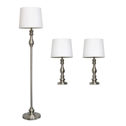 60" Silver Metal Floor Lamp Floor and Table Lamp Set With White Fabric Drum Shade