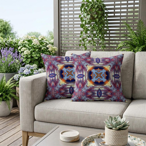 Set of Two Purple Peach Indigo And Yellow Floral Indoor Outdoor Throw Pillow