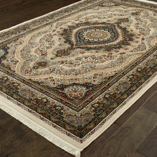 5' X 8' Ivory Black And Tan Medallion Area Rug With Fringe