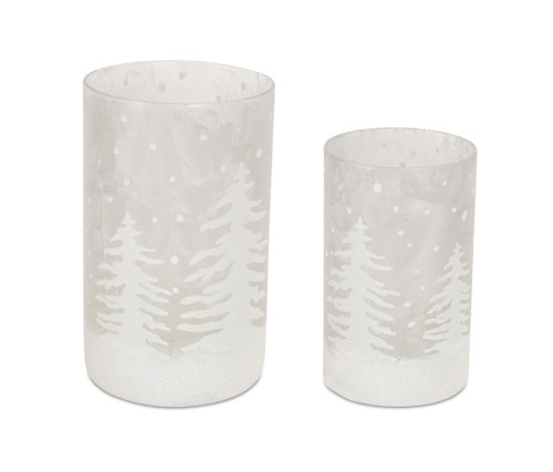 Set of Four Clear Distressed Abstract Glass Tabletop Hurricane Candle Holders