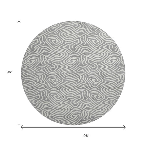 8' Gray And Ivory Abstract Washable Round Rug With UV Protection