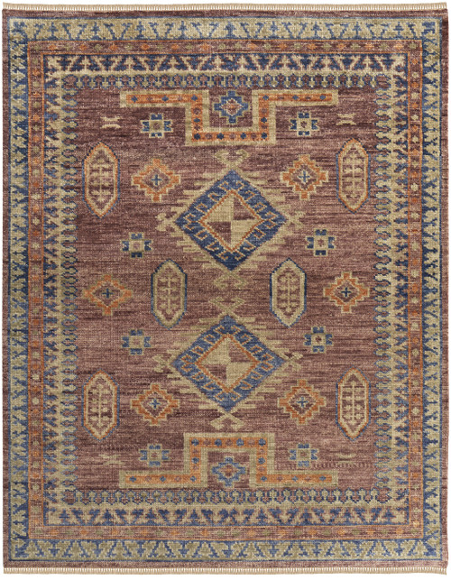 9' X 12' Blue Red and Tan Wool Geometric Hand Knotted Area Rug With Fringe