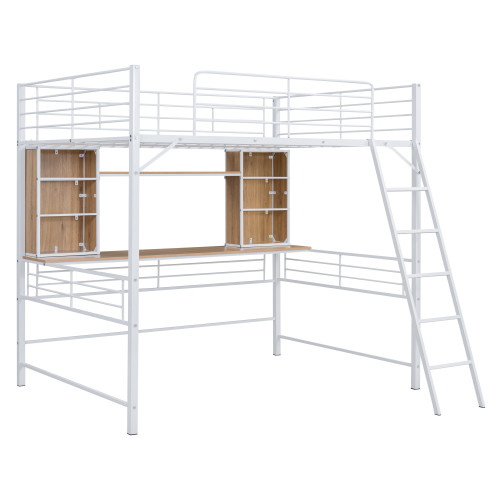 Natural And White Slat Wood And Metal Full Double Loft Bed With Desk And Shelve
