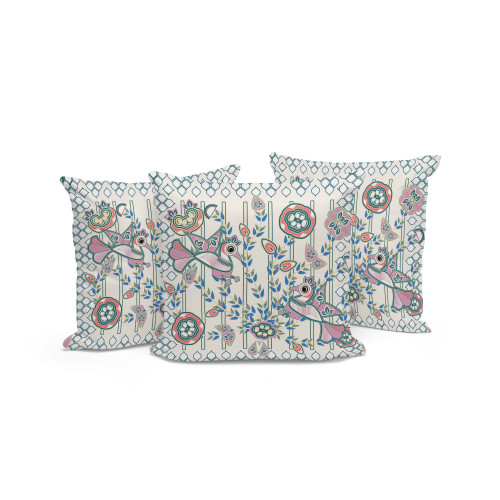 Set of Three Off White Orange Blue And Green Peacock Indoor Outdoor Throw Pillow
