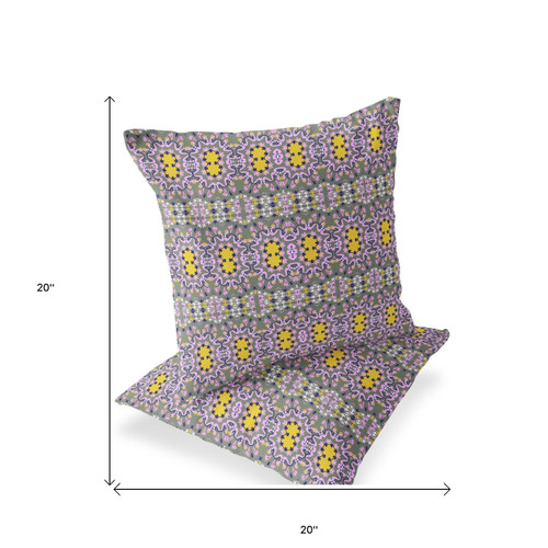 Set of Two Purple And Yellow Floral Indoor Outdoor Throw Pillow