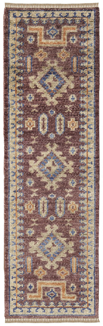 8' Blue Red and Tan Wool Geometric Hand Knotted Runner Rug With Fringe