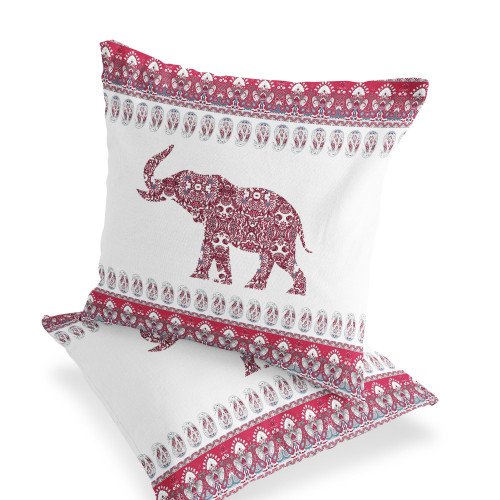 Set of Two Red And Off White Elephant Paisley Indoor Outdoor Throw Pillow