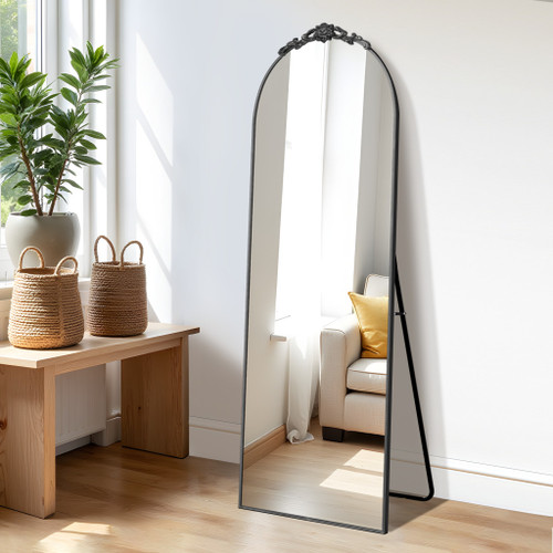 Black Aluminum Arch Freestanding Ornate Framed Accent Mirror