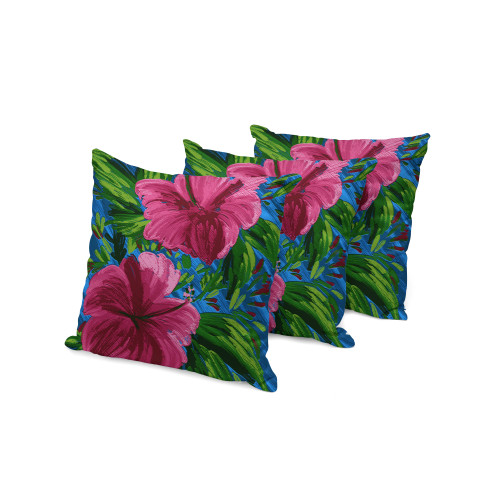 Set of Three Pink And Blue Floral Indoor Outdoor Throw Pillow