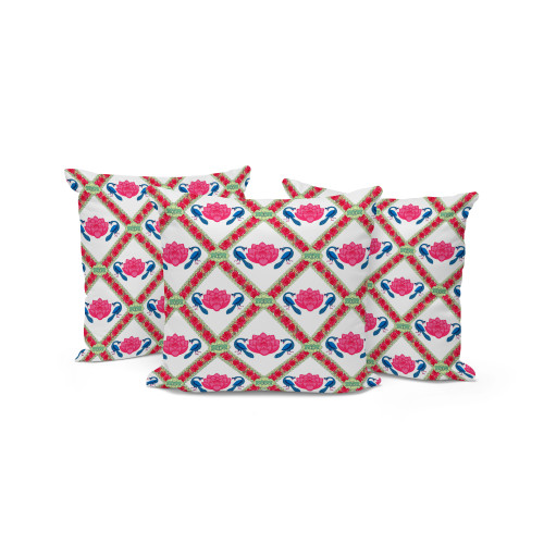 Set of Three Pink Blue And White Floral Indoor Outdoor Throw Pillow