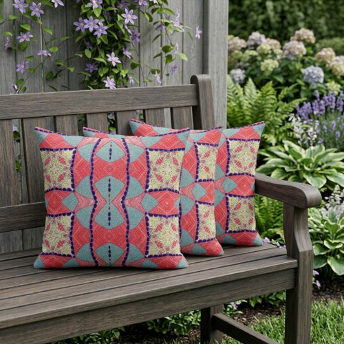 Set of Three Red And Yellow Abstract Indoor Outdoor Throw Pillow