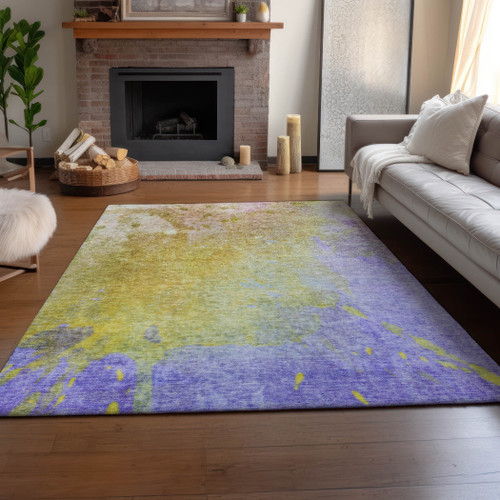 9' X 12' Wheat And Purple Abstract Washable Area Rug With UV Protection