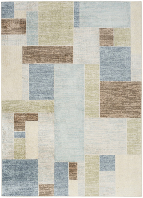 5' X 7' Blue Brown And Tan Geometric Washable Area Rug