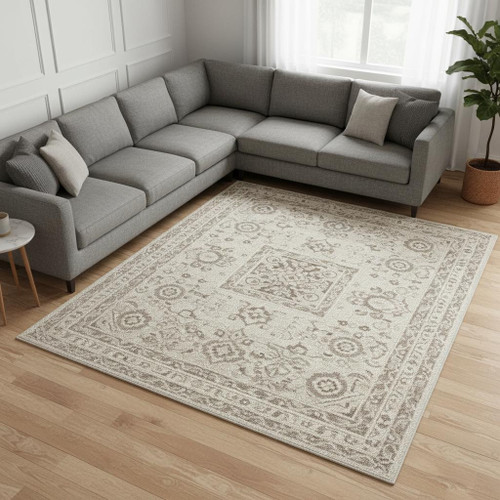 6' X 9' Ivory Brown And Gray Floral Distressed Non Skid Area Rug