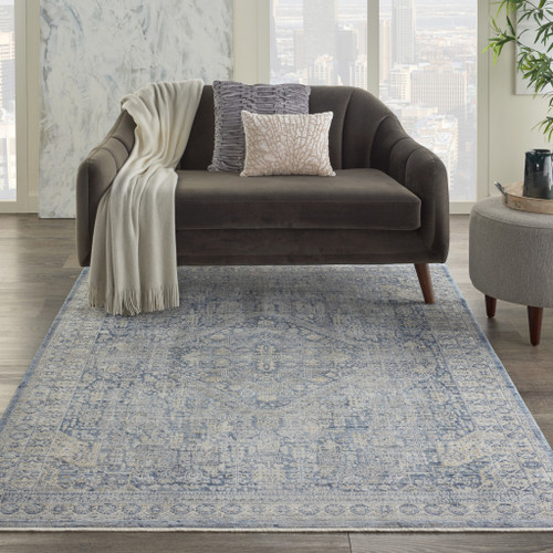 4' X 6' Blue And Ivory Floral Area Rug With Fringe