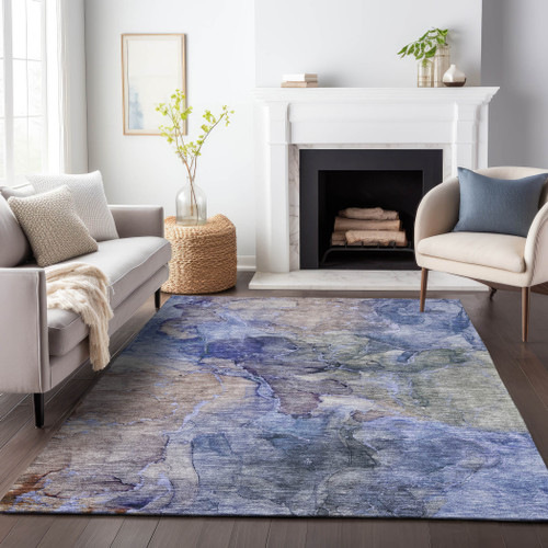 9' X 12' Blue Beige And Taupe Abstract Washable Area Rug With UV Protection