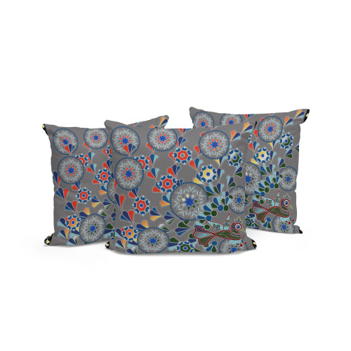 Set of Three Gray And Yellow Peacock Floral Indoor Outdoor Throw Pillow