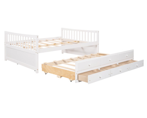 White Wood Full Bed Frame With Trundle And Drawers