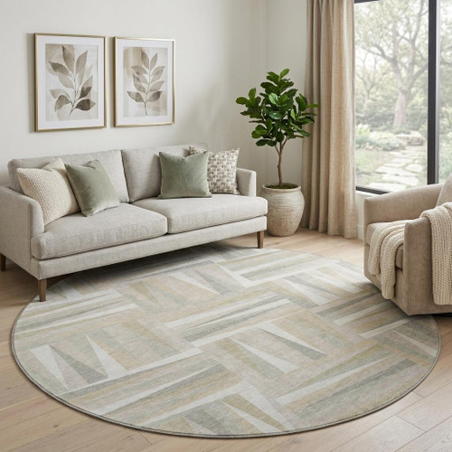 8' Ivory And Beige Geometric Washable Round Rug With UV Protection