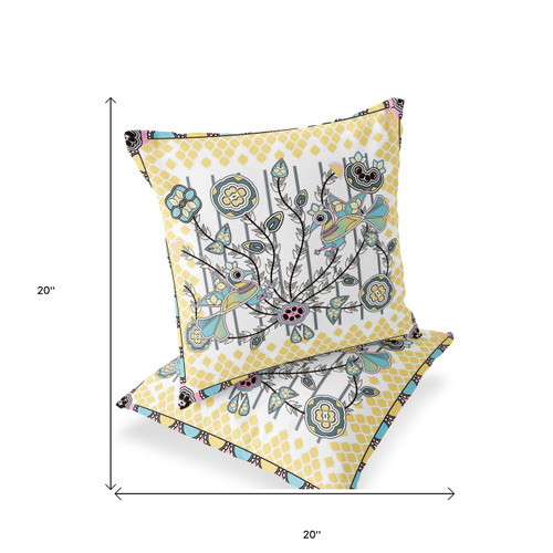 Set of Two White Yellow And Gray Peacock Indoor Outdoor Throw Pillow