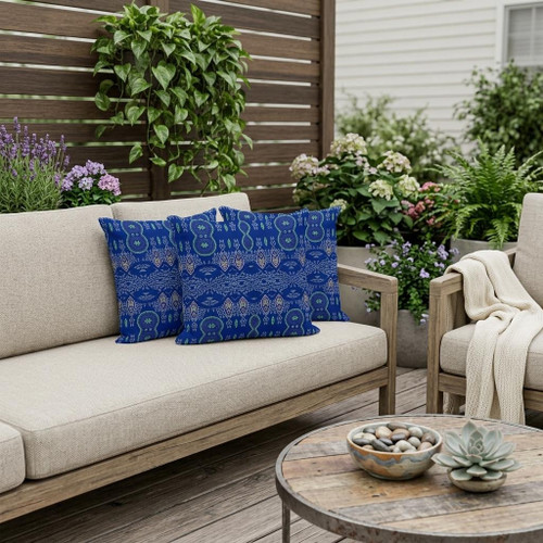Set of Three Navy Blue And Blue Botanical Indoor Outdoor Throw Pillow