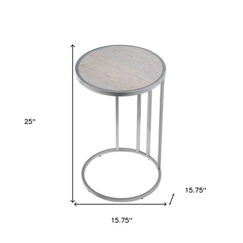 25" Gray and Silver Wood and Iron Round Frame End Table And USB Port