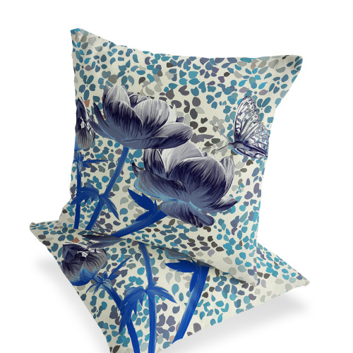 Set of Two Gray Indigo Blue And Cream Floral Indoor Outdoor Throw Pillow