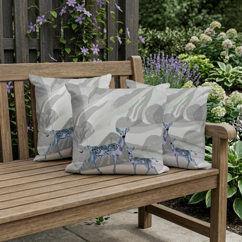 Set of Three Gray And Green Deer Indoor Outdoor Throw Pillow