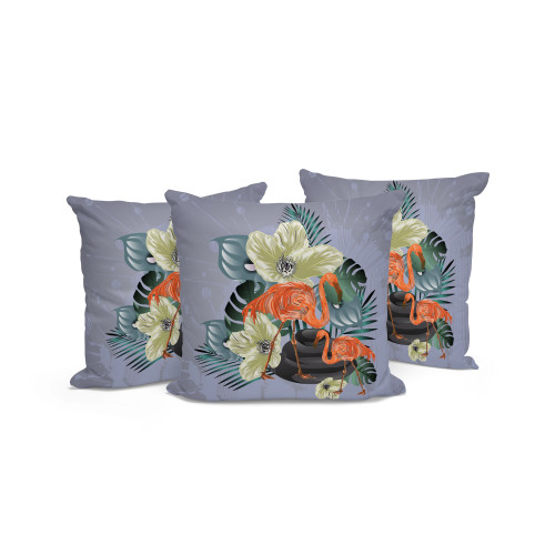 Set of Three Green Orange And Gray Flamingo Floral Indoor Outdoor Throw Pillow