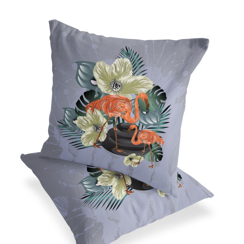 Set of Two Green Orange And Gray Flamingo Floral Indoor Outdoor Throw Pillow