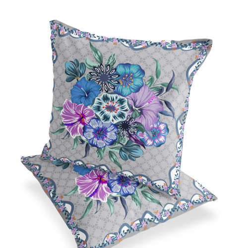Set of Two Blue And Gray Floral Indoor Outdoor Throw Pillow