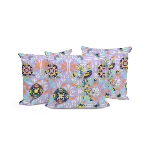 Set of Three Purple And Yellow Peacock Indoor Outdoor Throw Pillow