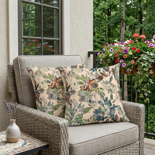 Set of Two Green And Brown Floral Indoor Outdoor Throw Pillow