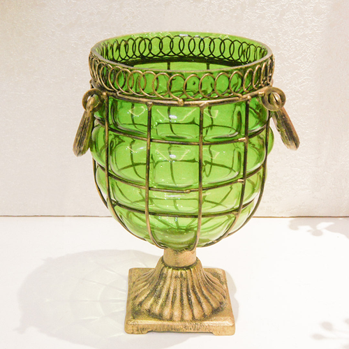 Colo European Glass Jar Flower Vase Solid Base with Metal Handle